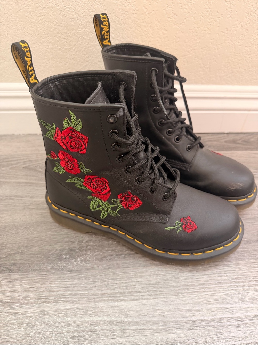 Dr. Martens Black Leather 8-Eye Lace-Up Boots with Red Rose Embroidery